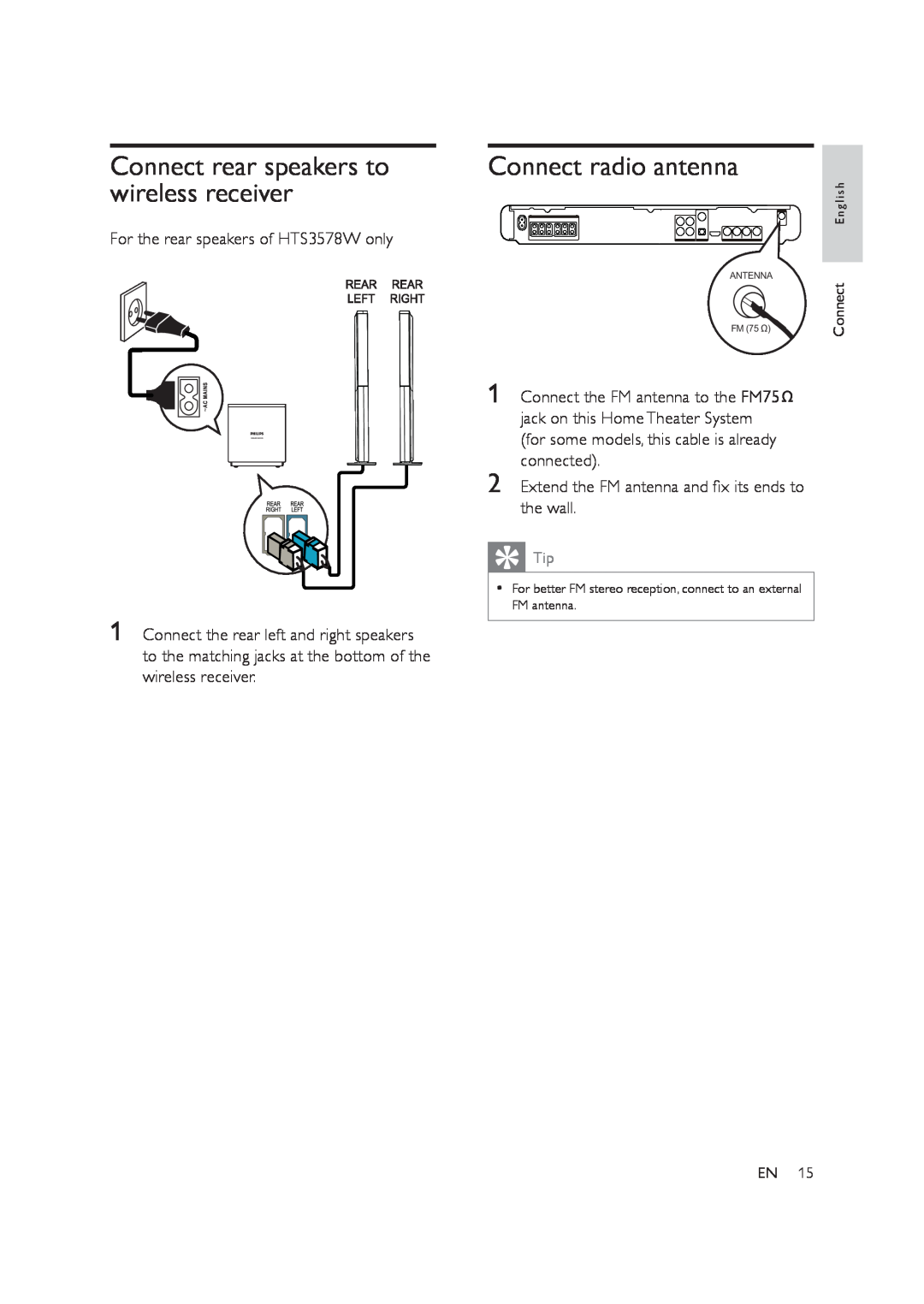 Philips HTS3578W user manual Connect rear speakers to wireless receiver, Connect radio antenna 