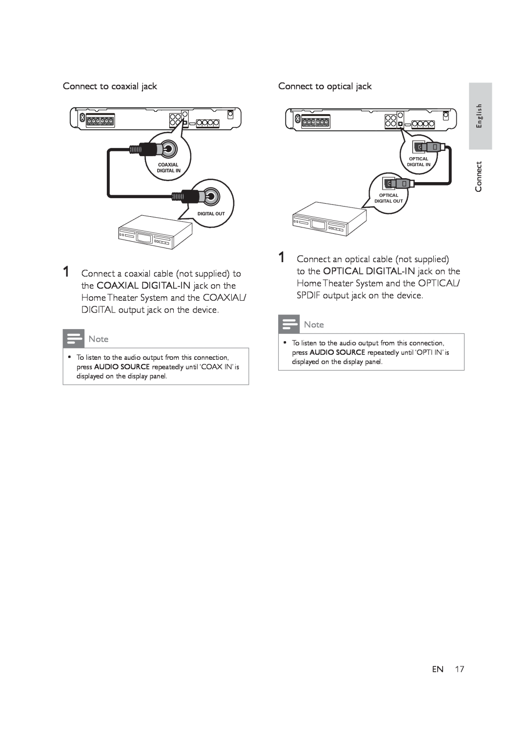 Philips HTS3578W user manual Connect to coaxial jack, Connect to optical jack 