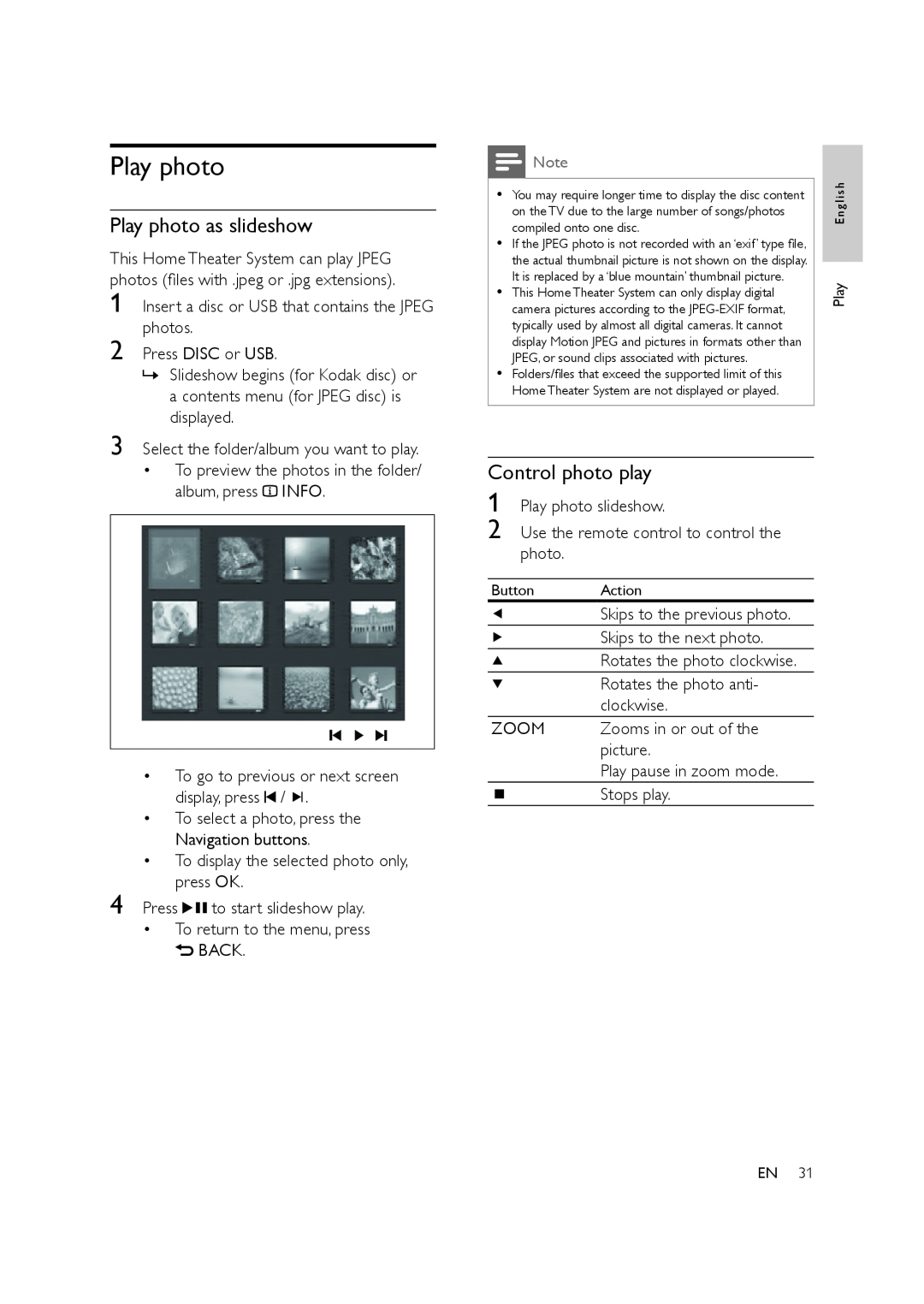 Philips HTS3578W user manual Play photo as slideshow, Control photo play 