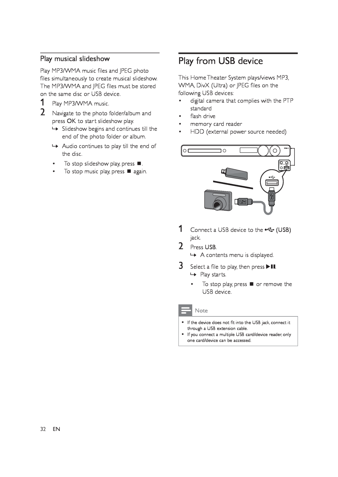 Philips HTS3578W user manual Play from USB device, Play musical slideshow 
