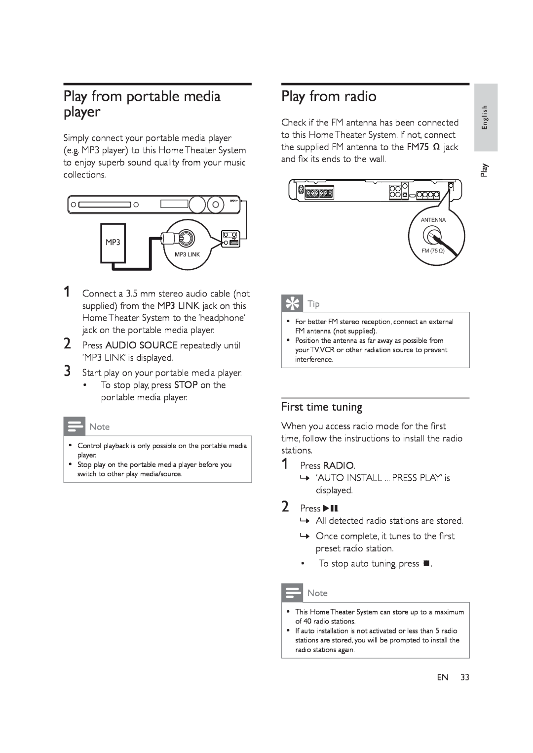 Philips HTS3578W user manual Play from portable media player, Play from radio, First time tuning 