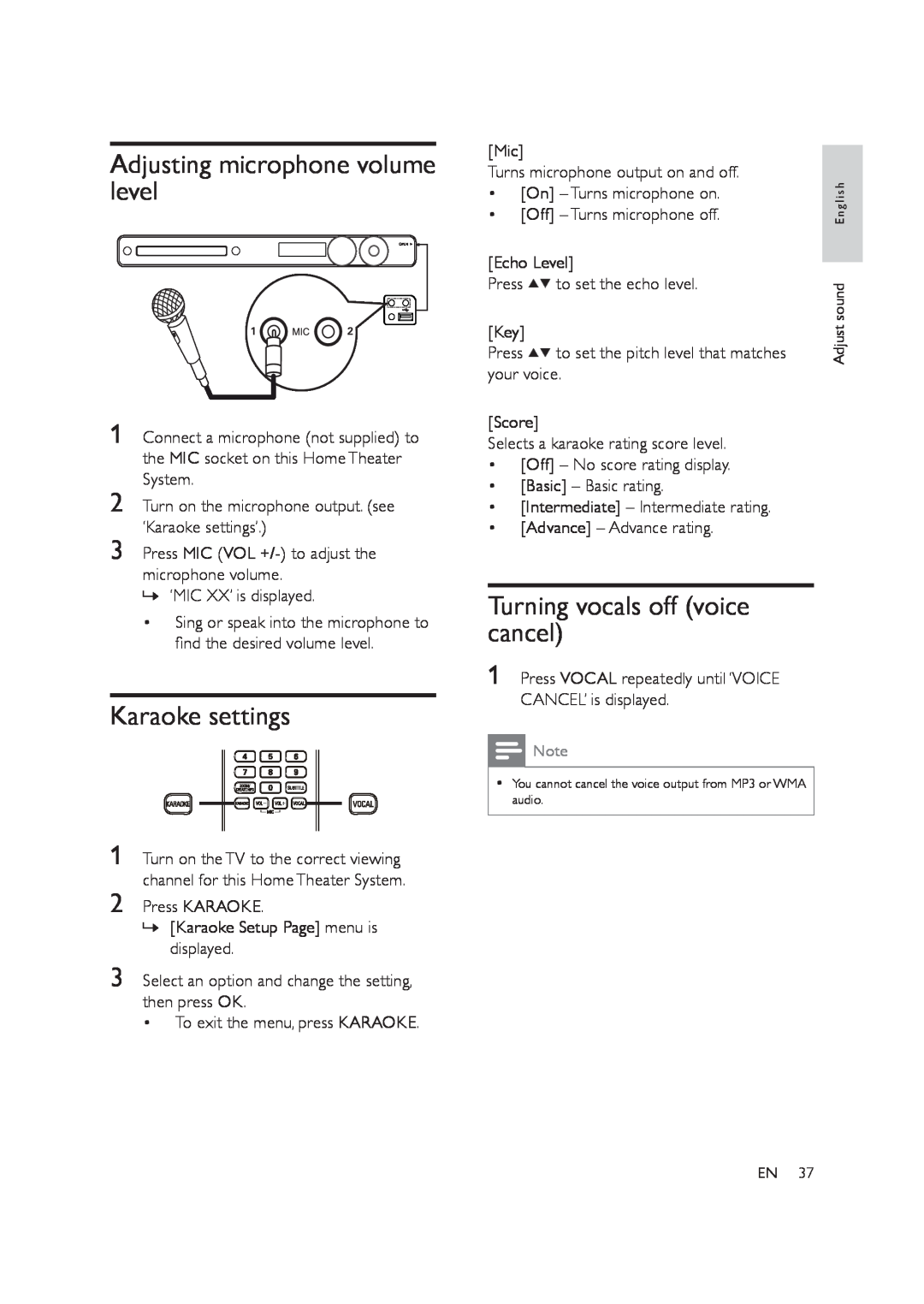 Philips HTS3578W user manual Adjusting microphone volume level, Karaoke settings, Turning vocals off voice cancel 