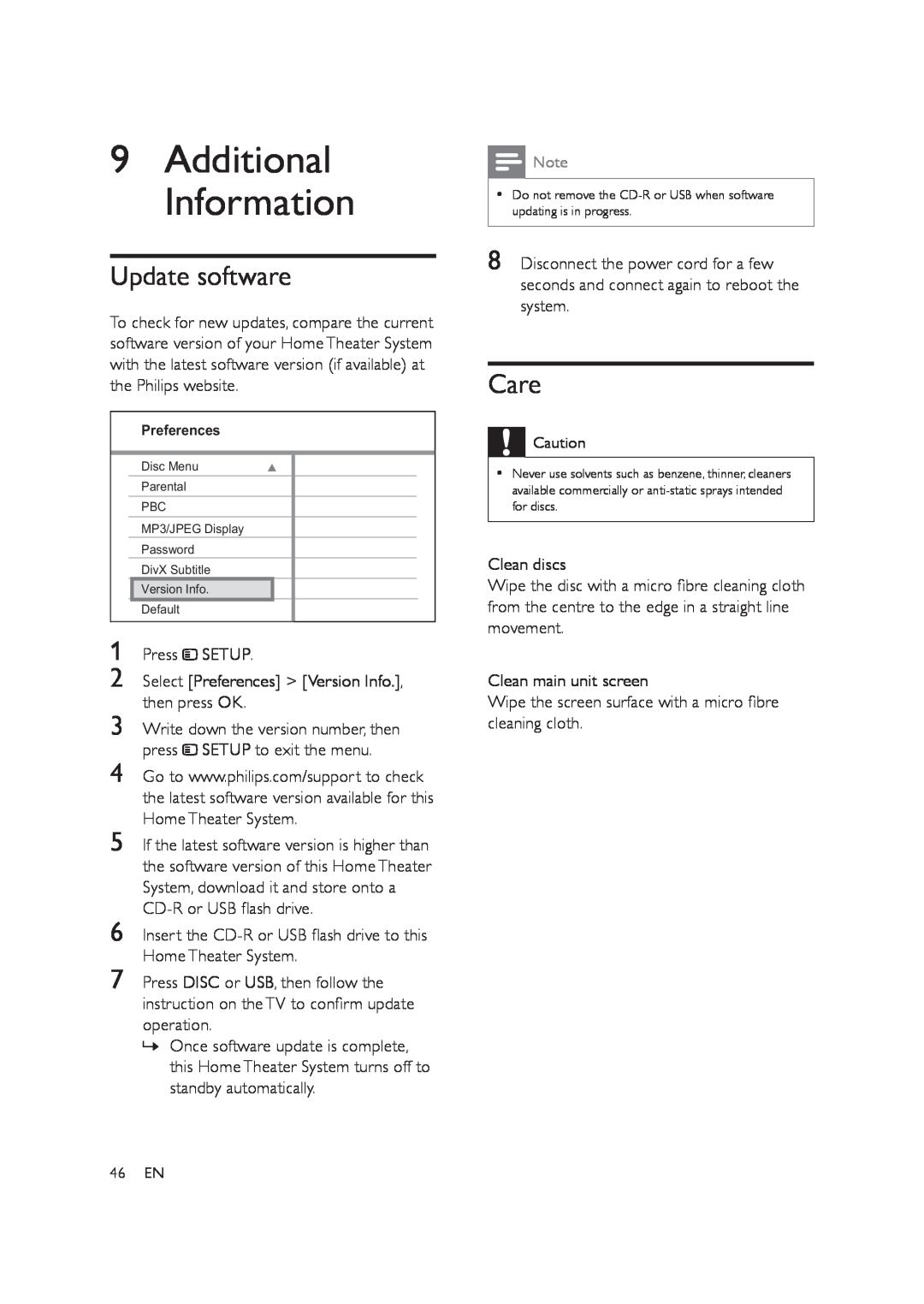 Philips HTS3578W user manual Update software, Care, 9Additional Information 