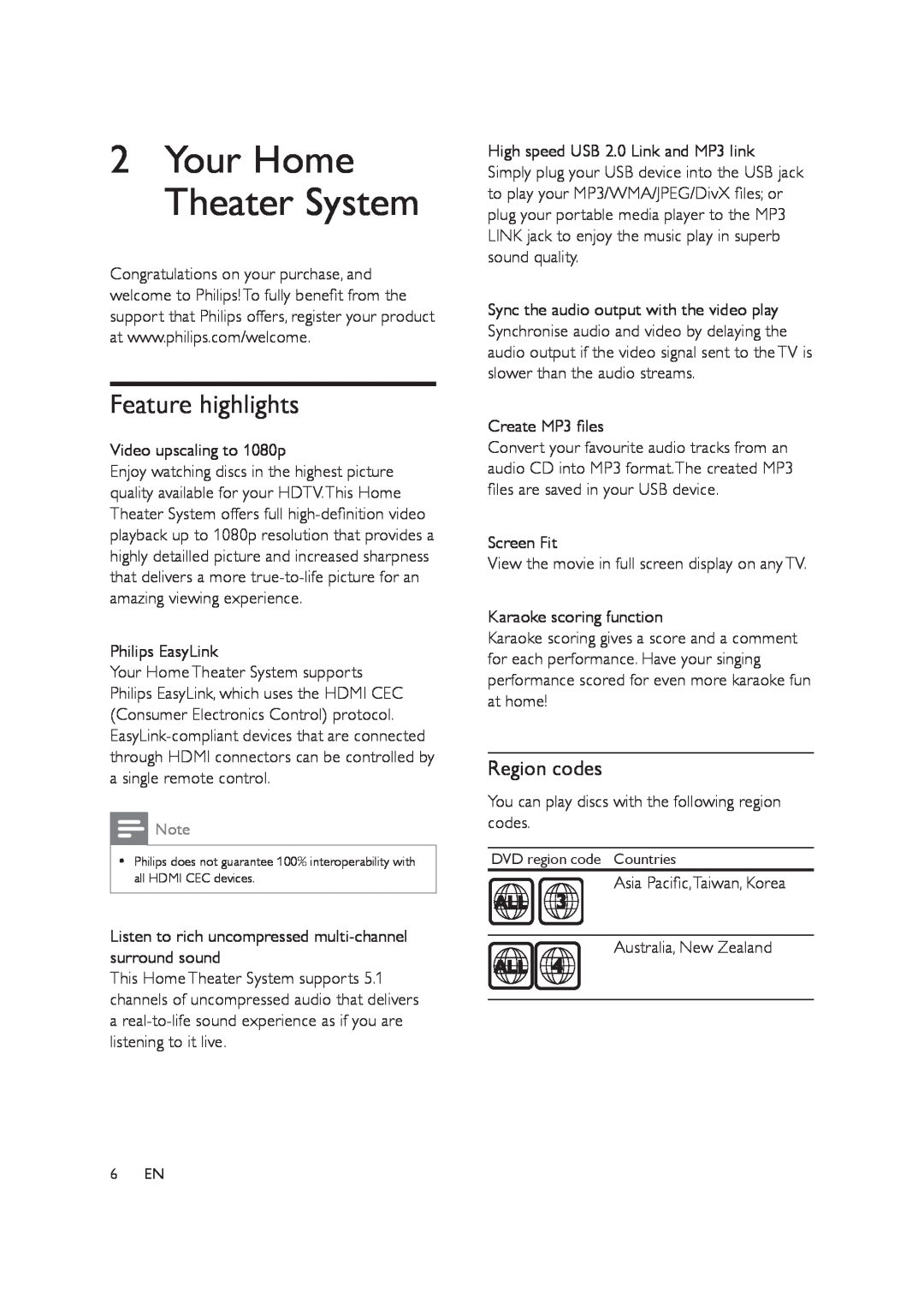 Philips HTS3578W user manual 2Your Home Theater System, Feature highlights, Region codes 