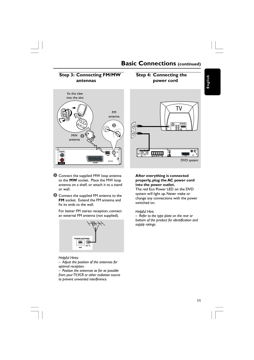 Philips HTS3610 user manual Connecting FM/MW, Antennas Power cord 