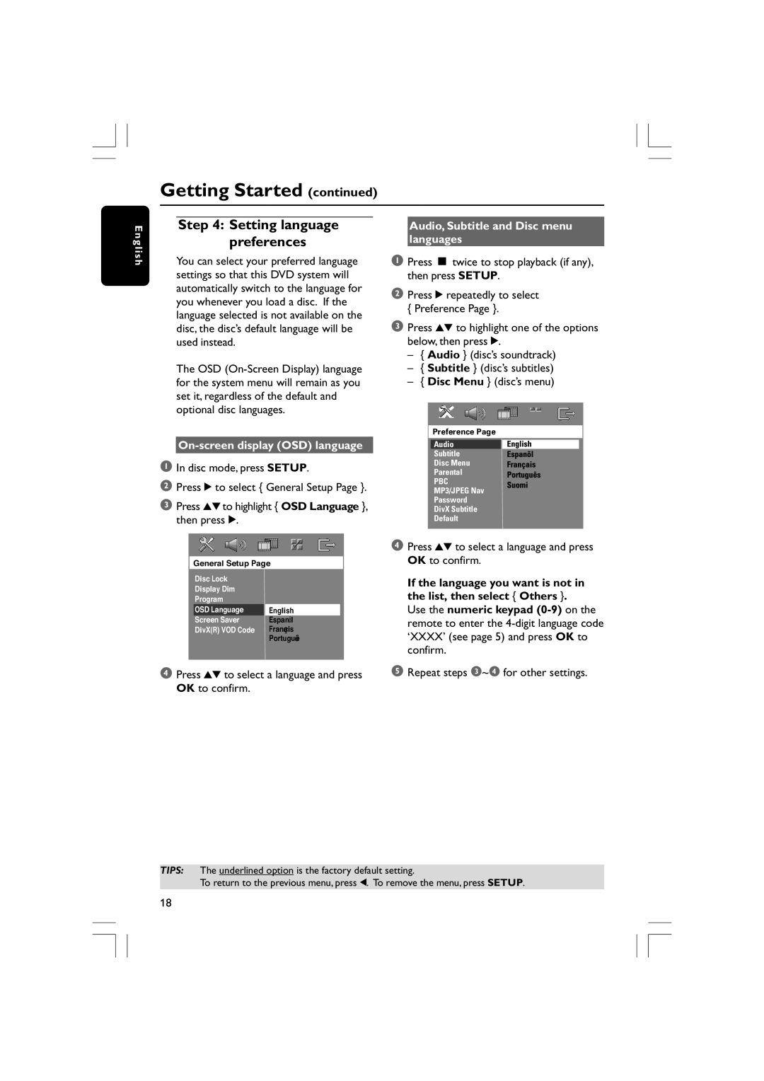 Philips HTS3610 user manual On-screen display OSD language, Press 34 to select a language and press OK to confirm 