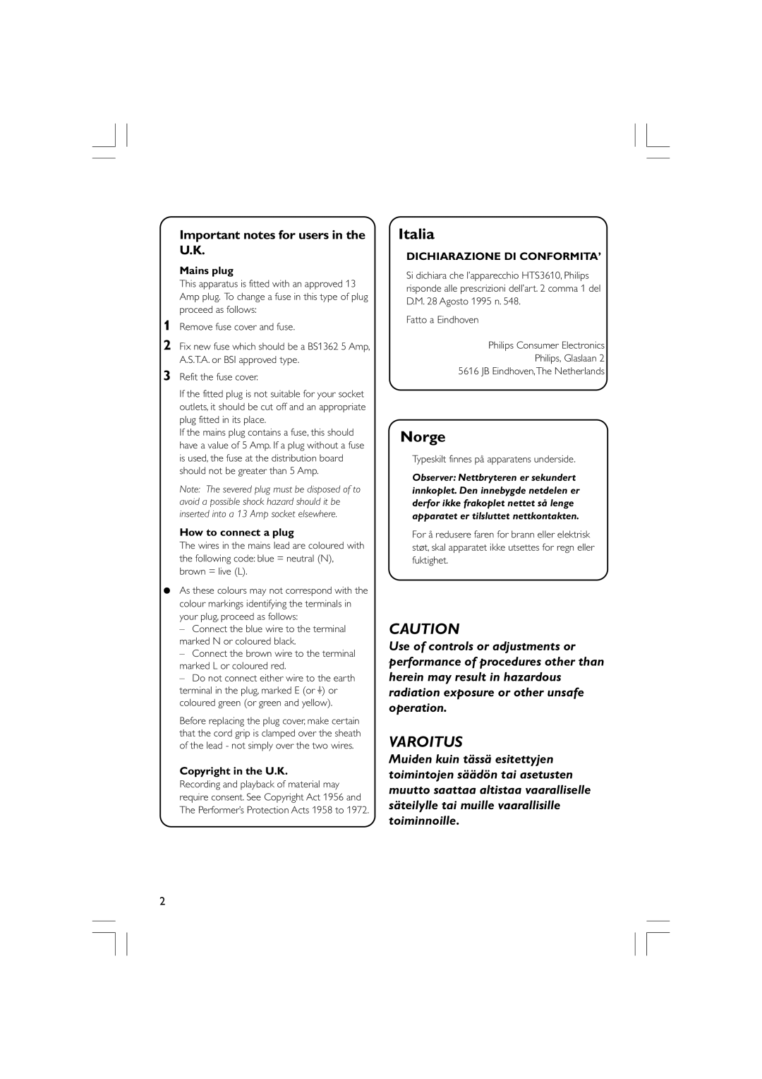 Philips HTS3610 user manual Important notes for users in the U.K, Mains plug 