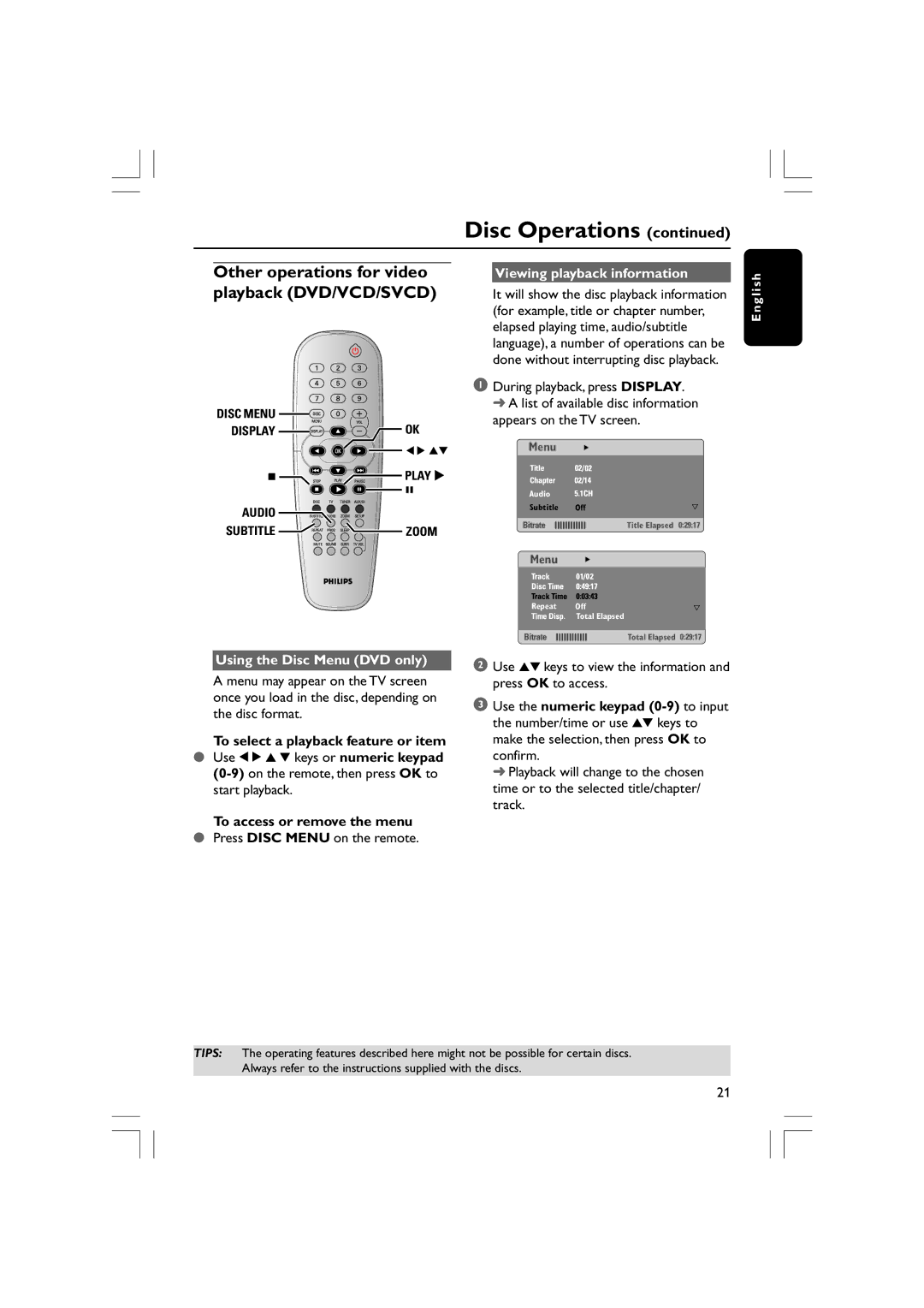 Philips HTS3610 user manual Other operations for video playback DVD/VCD/SVCD, Viewing playback information 