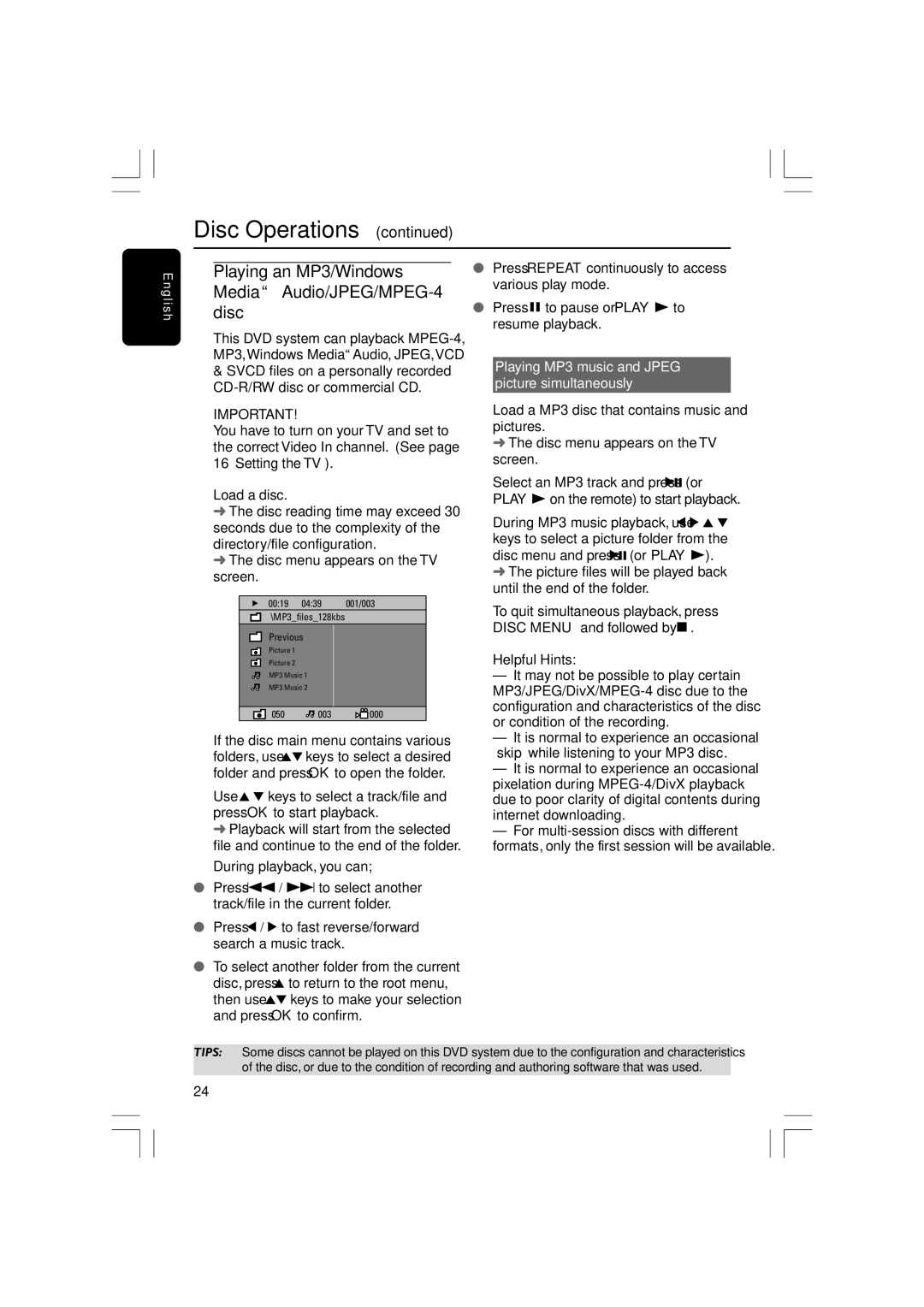 Philips HTS3610 user manual Playing an MP3/Windows Media Audio/JPEG/MPEG-4 disc, Disc menu appears on the TV screen 