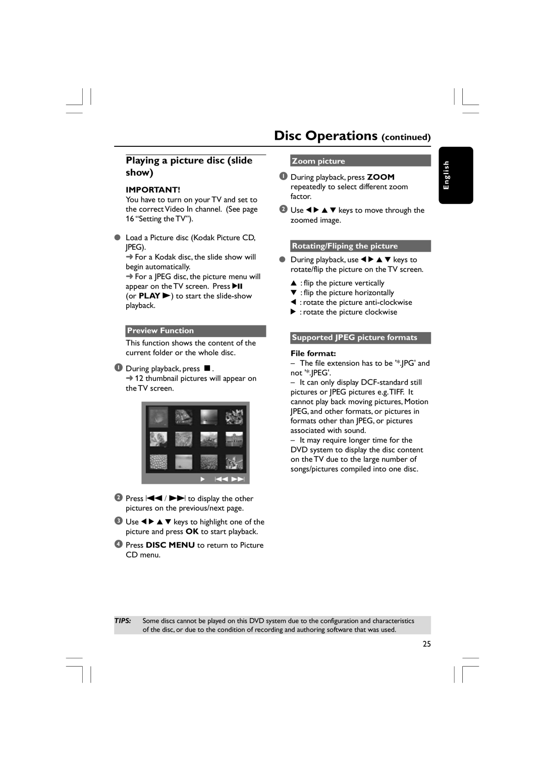 Philips HTS3610 user manual Playing a picture disc slide show, Preview Function, Zoom picture, Rotating/Fliping the picture 