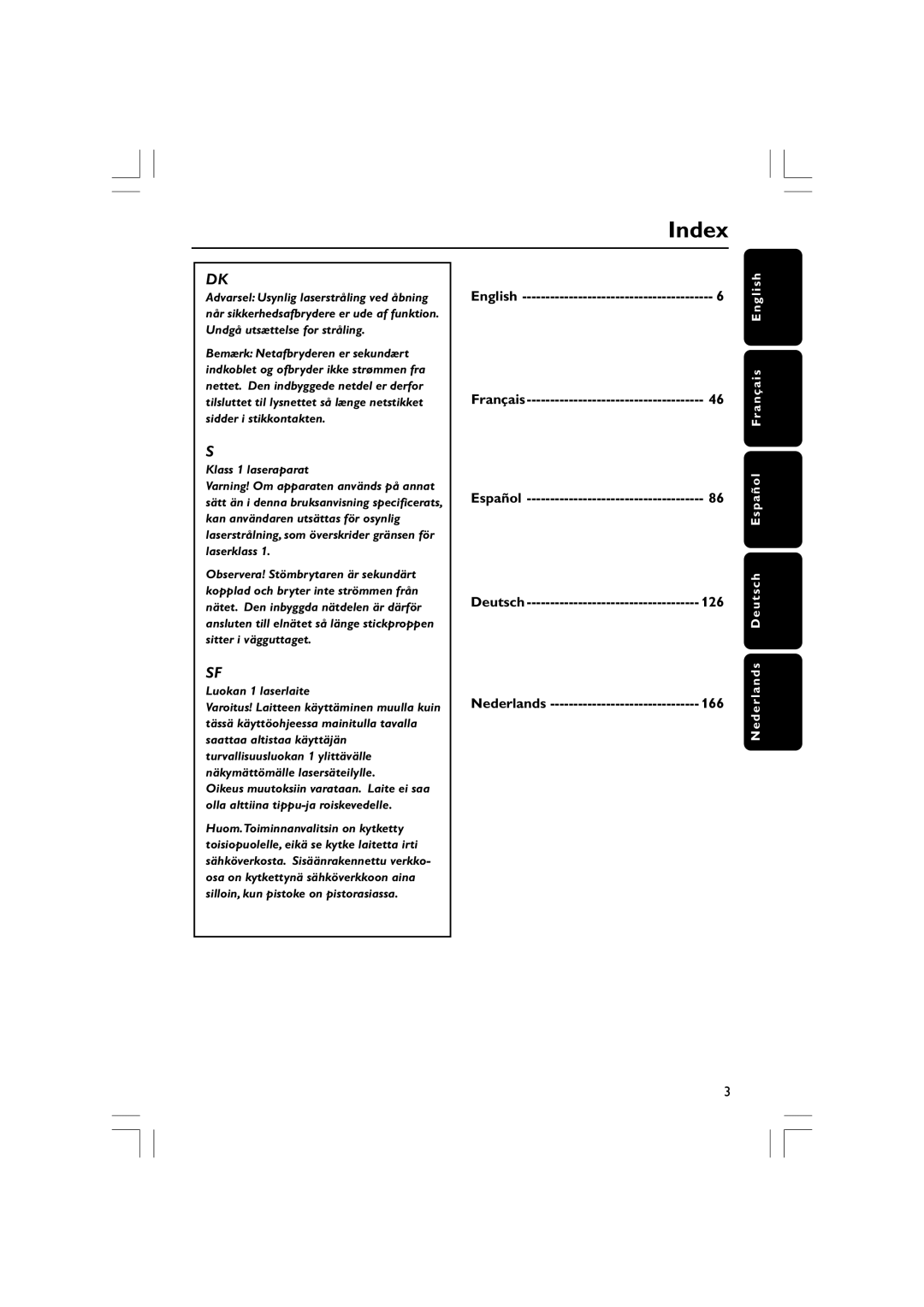 Philips HTS3610 user manual Index, English, Español, 126, Nederlands 166 