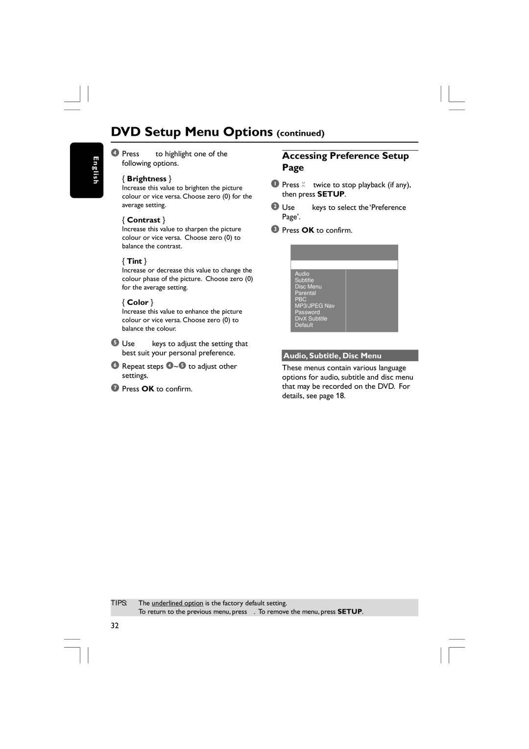 Philips HTS3610 user manual Accessing Preference Setup, Audio, Subtitle, Disc Menu 