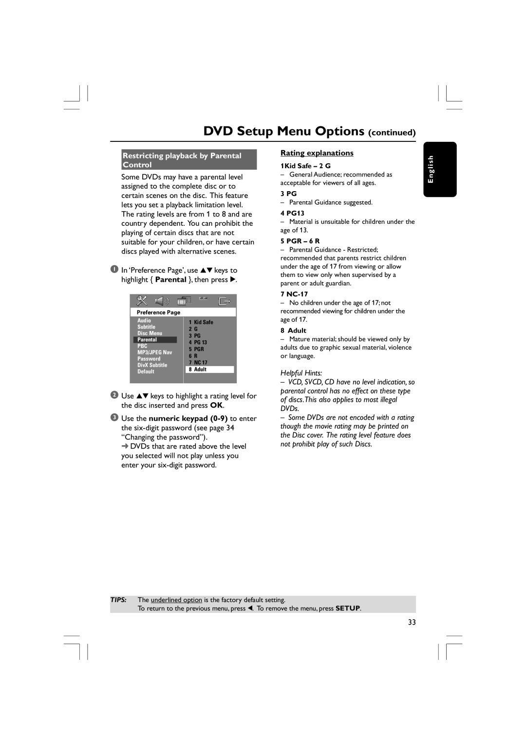 Philips HTS3610 user manual Restricting playback by Parental Control, Rating explanations 