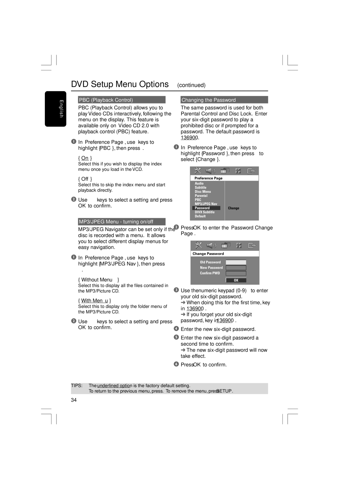 Philips HTS3610 PBC Playback Control Changing the Password, MP3/JPEG Menu turning on/off, Without Menu, With Menu 