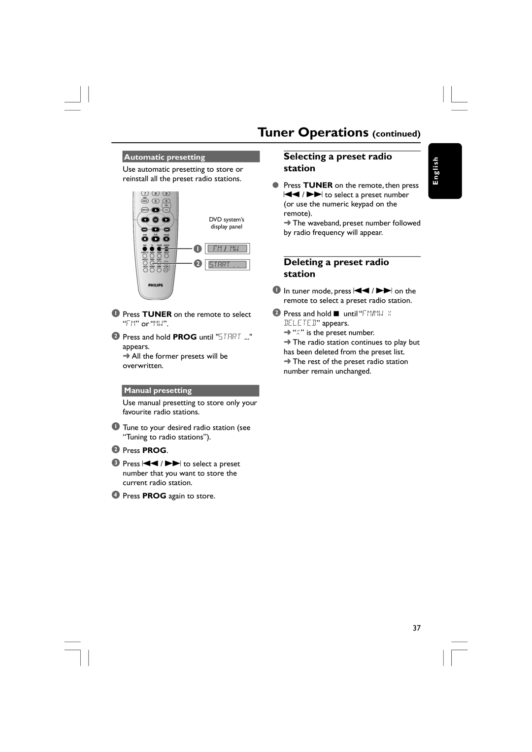 Philips HTS3610 Selecting a preset radio station, Deleting a preset radio station, Automatic presetting, Manual presetting 