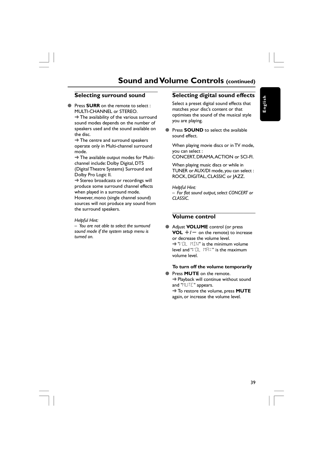 Philips HTS3610 user manual Selecting surround sound, Selecting digital sound effects, Volume control 