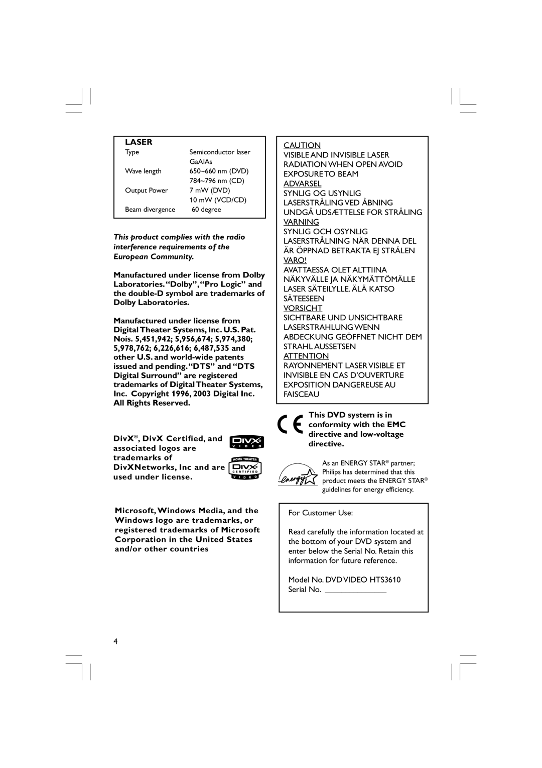 Philips user manual For Customer Use, Model No. DVD Video HTS3610 Serial No 