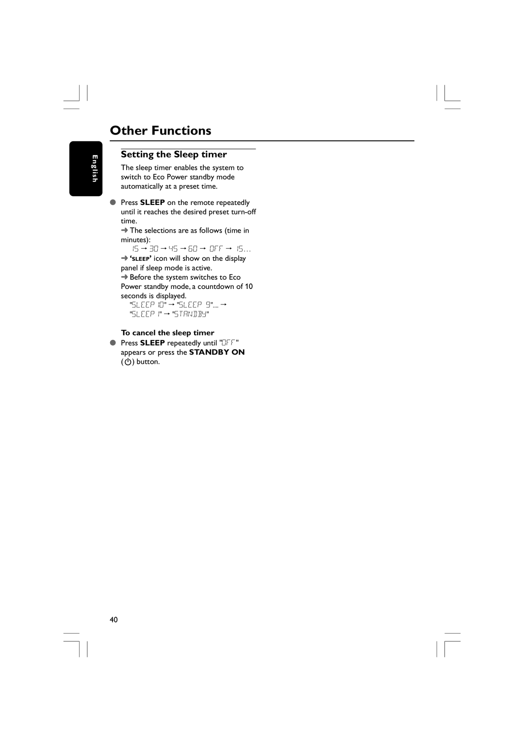 Philips HTS3610 user manual Other Functions, Setting the Sleep timer, To cancel the sleep timer 