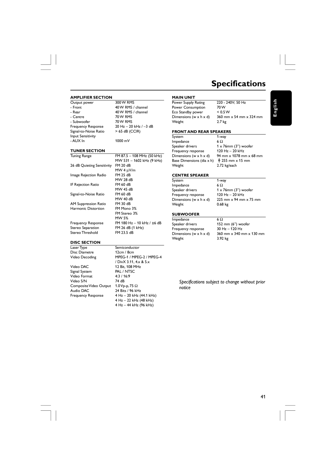 Philips HTS3610 user manual Specifications, Amplifier Section 