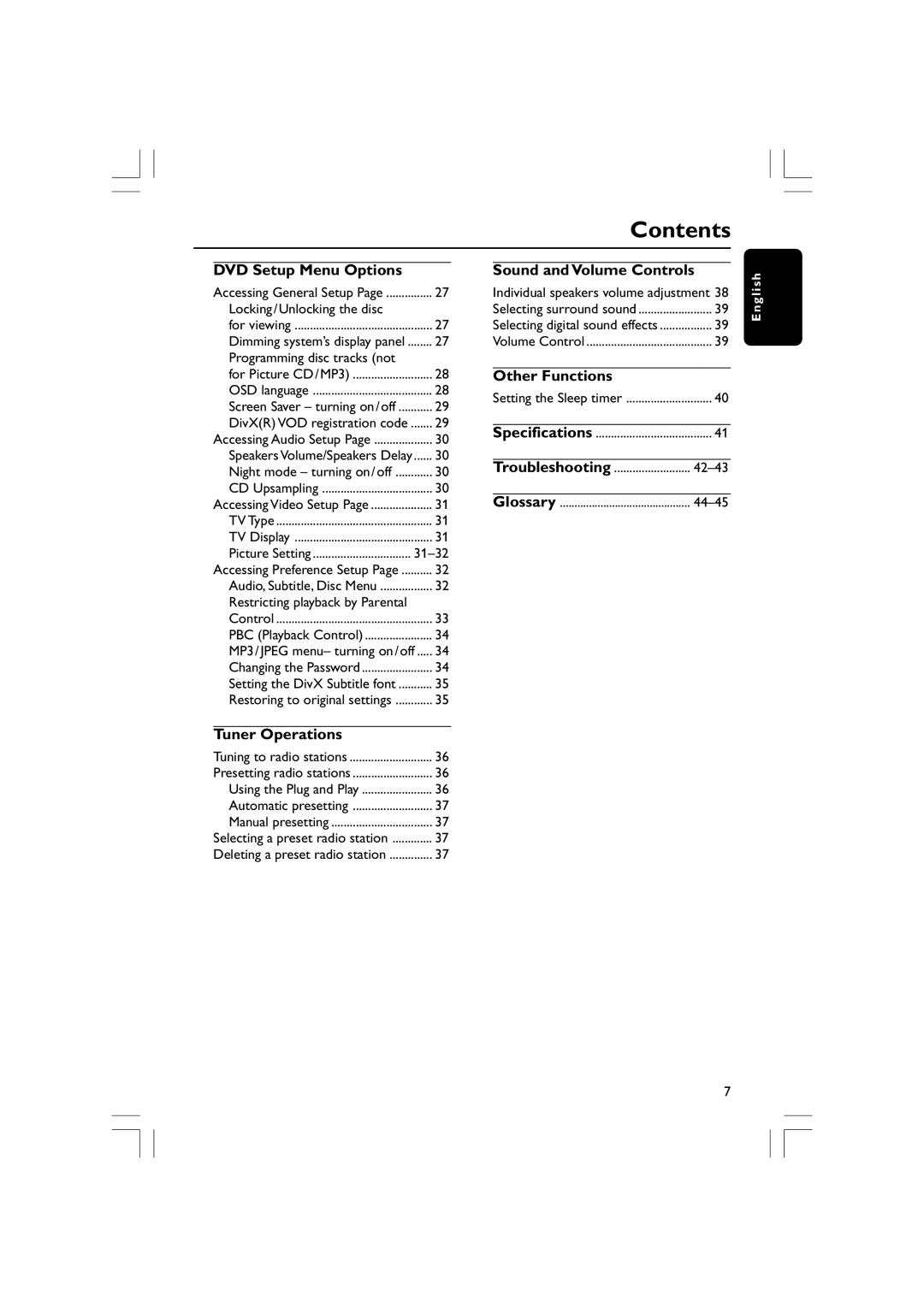 Philips HTS3610 user manual DVD Setup Menu Options, Sound and Volume Controls, Other Functions, Tuner Operations 