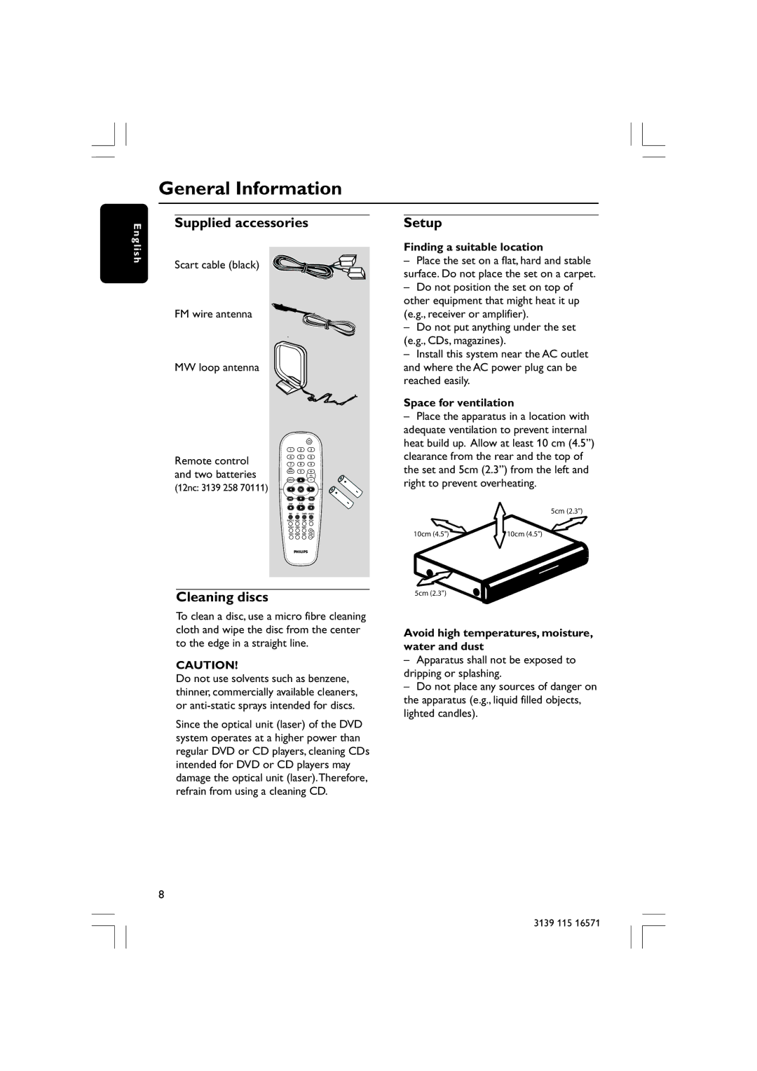 Philips HTS3610 user manual General Information, Supplied accessories, Setup, Cleaning discs 