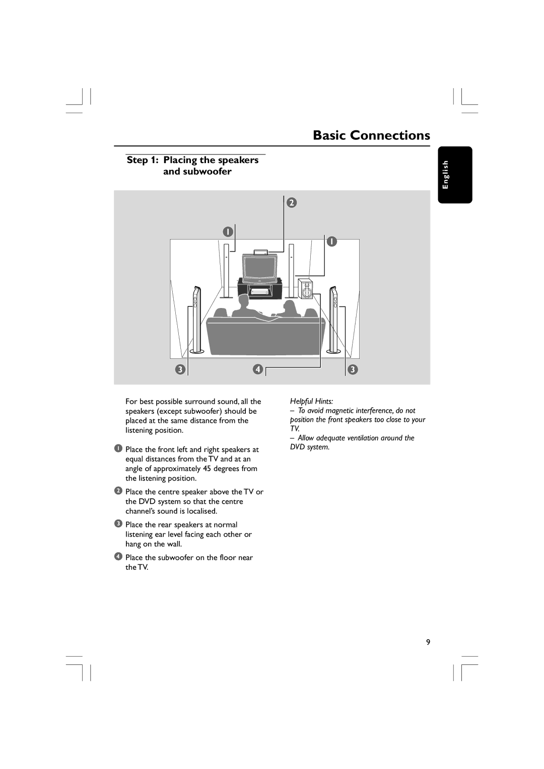 Philips HTS3610 user manual Basic Connections, Placing the speakers and subwoofer 