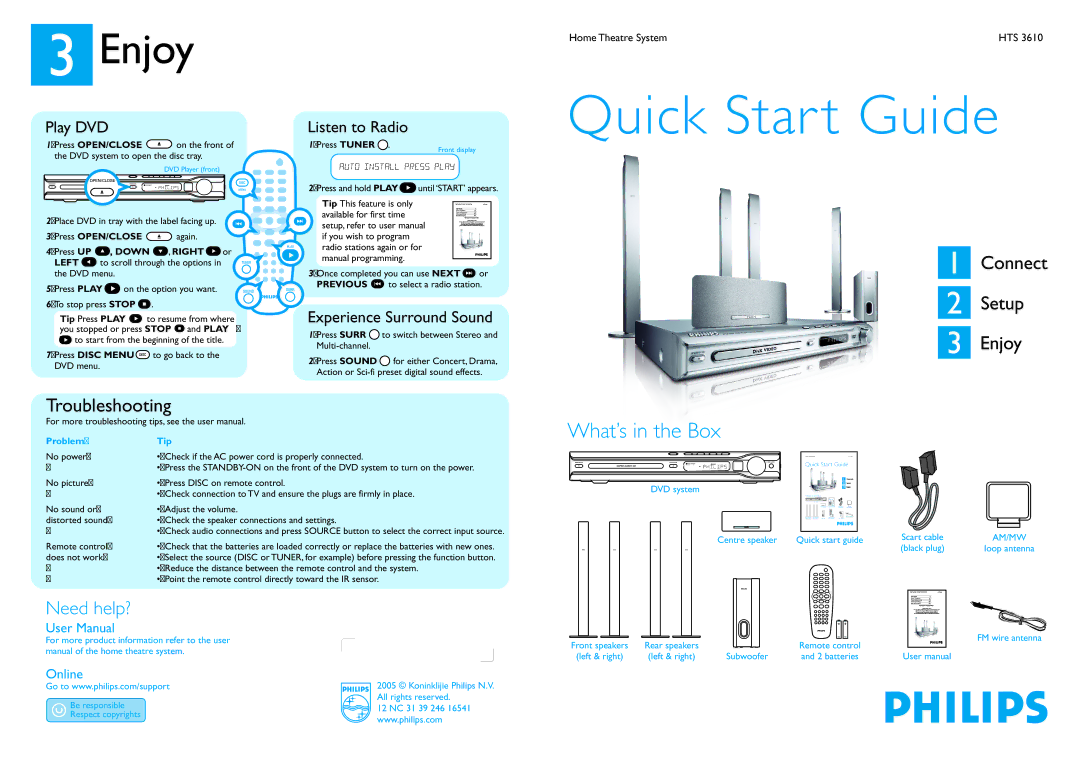 Philips HTS3610/51 quick start Play DVD, Listen to Radio, Experience Surround Sound 