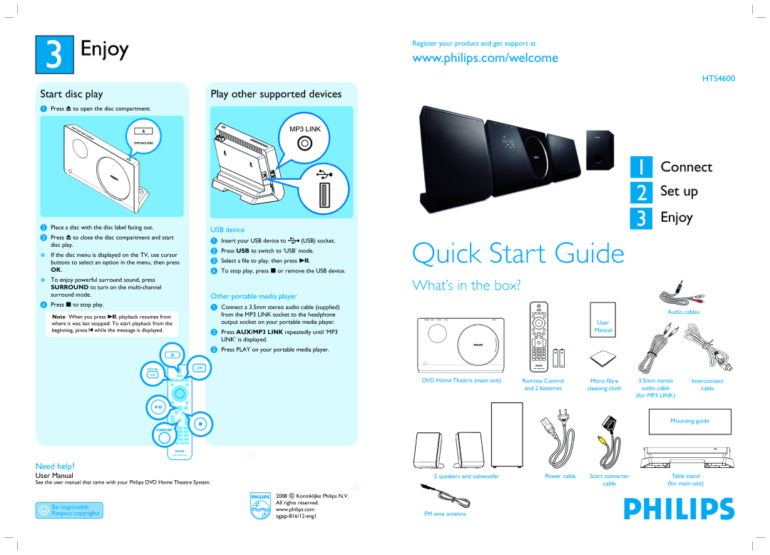 Philips HTS4600/05 quick start Enjoy, Need help? 