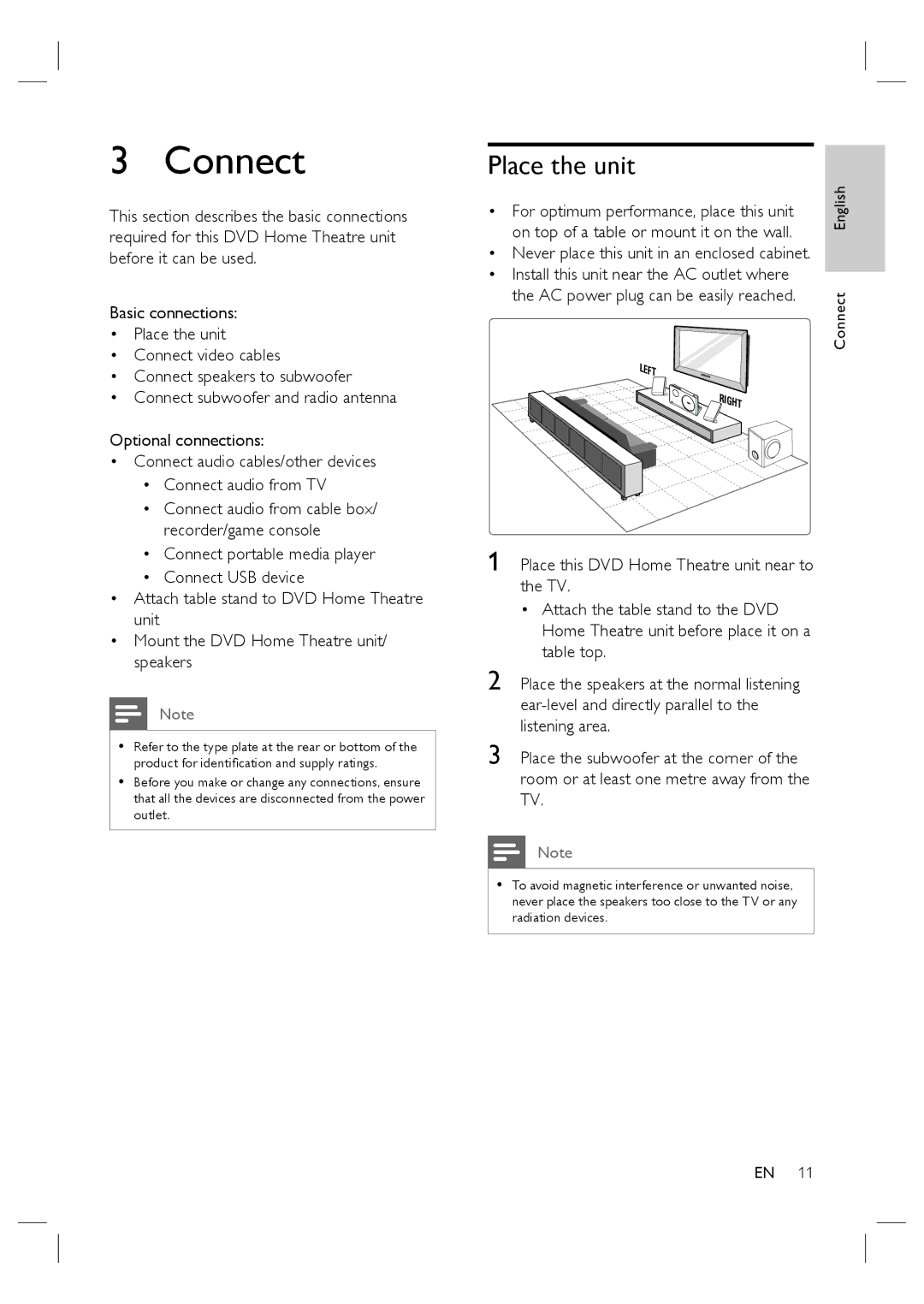 Philips HTS4600/12 manual Connect, Place the unit 