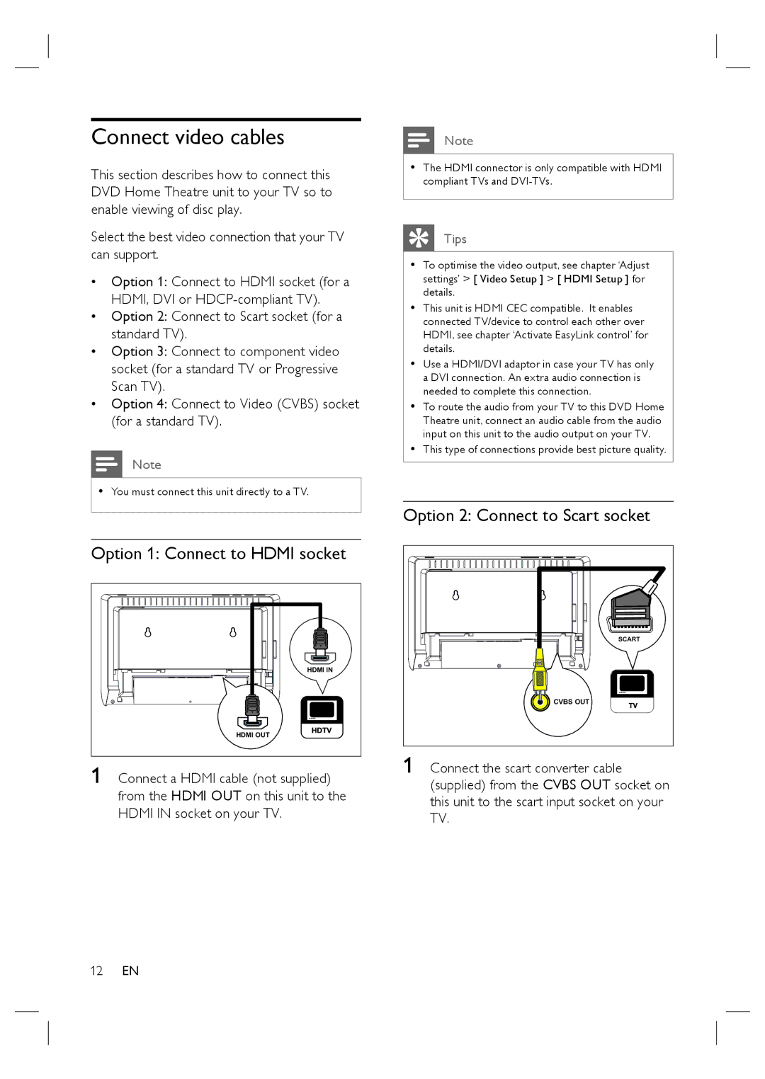 Philips HTS4600/12 manual Connect video cables, Option 1 Connect to Hdmi socket, Option 2 Connect to Scart socket 