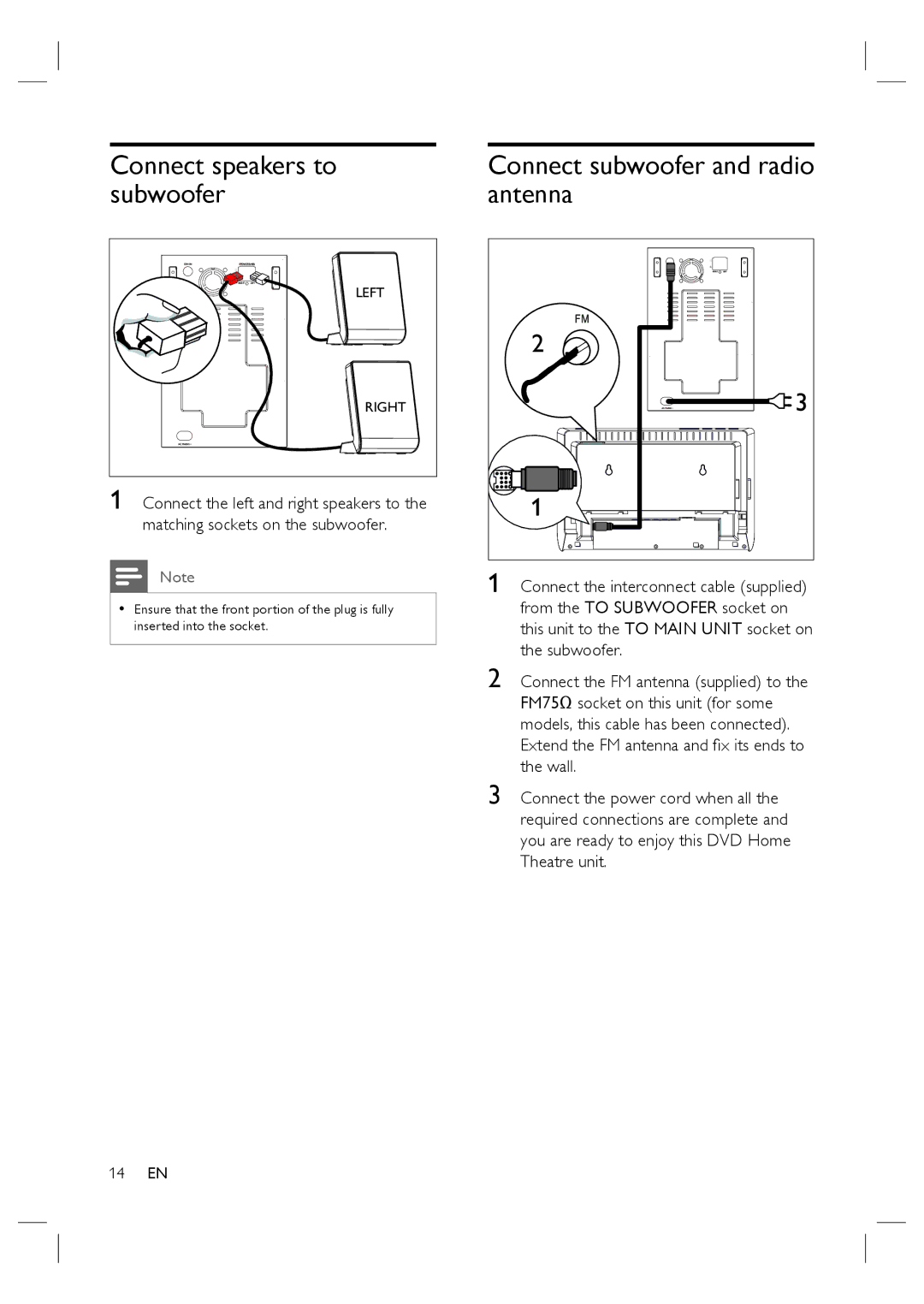 Philips HTS4600/12 manual Connect speakers to subwoofer, Connect subwoofer and radio antenna 