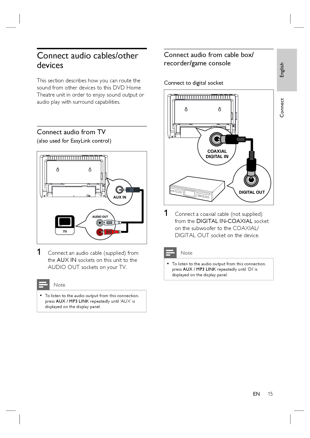 Philips HTS4600/12 manual Connect audio cables/other devices, Connect audio from TV, Also used for EasyLink control 