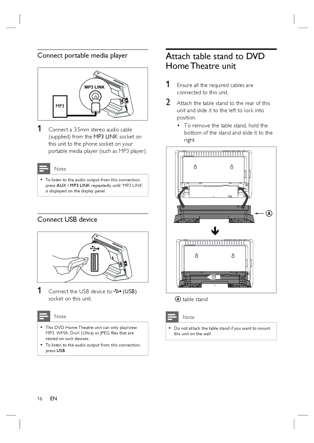 Philips HTS4600/12 manual Attach table stand to DVD Home Theatre unit, Connect portable media player, Connect USB device 