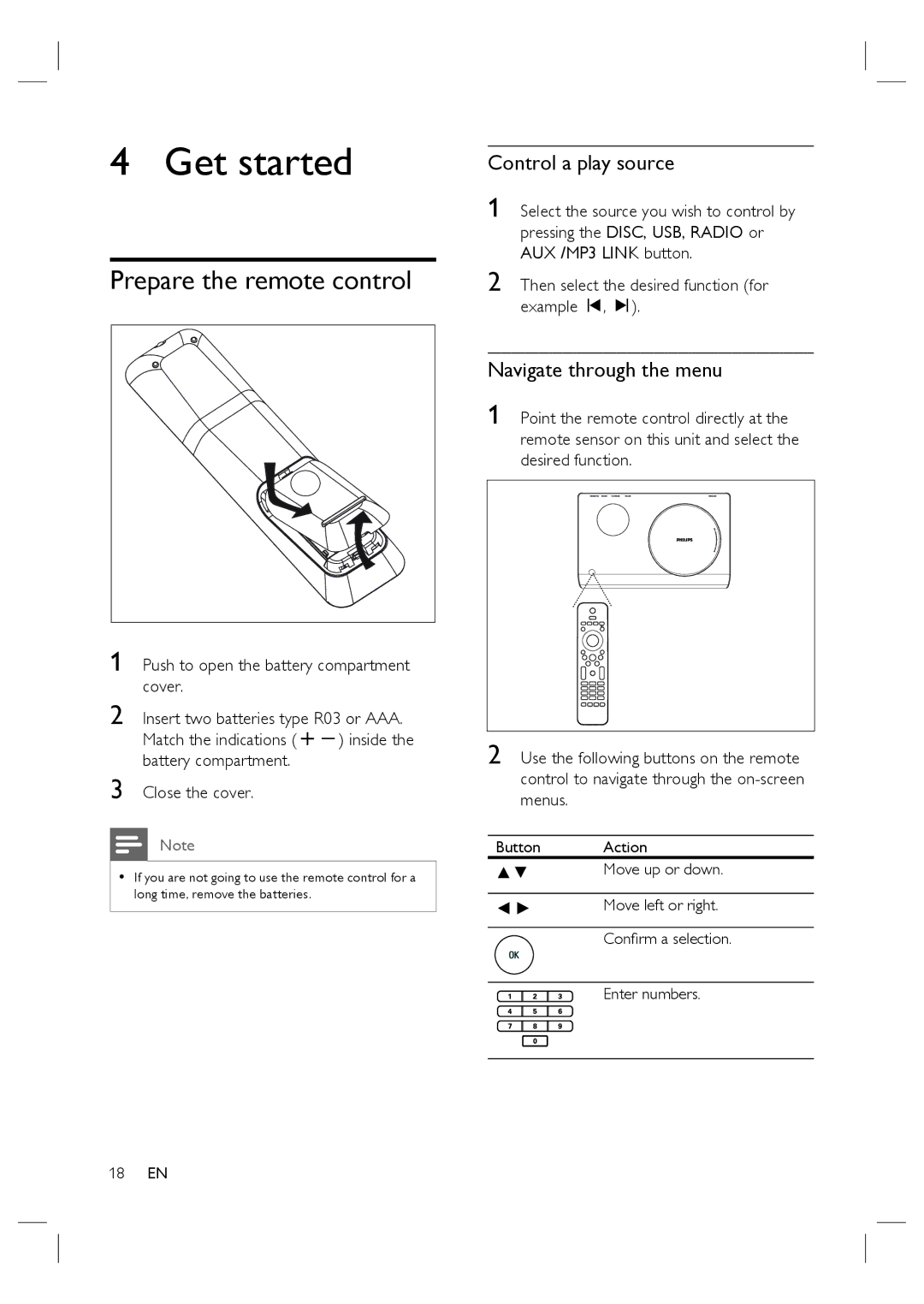 Philips HTS4600/12 manual Get started, Prepare the remote control, Control a play source, Navigate through the menu 