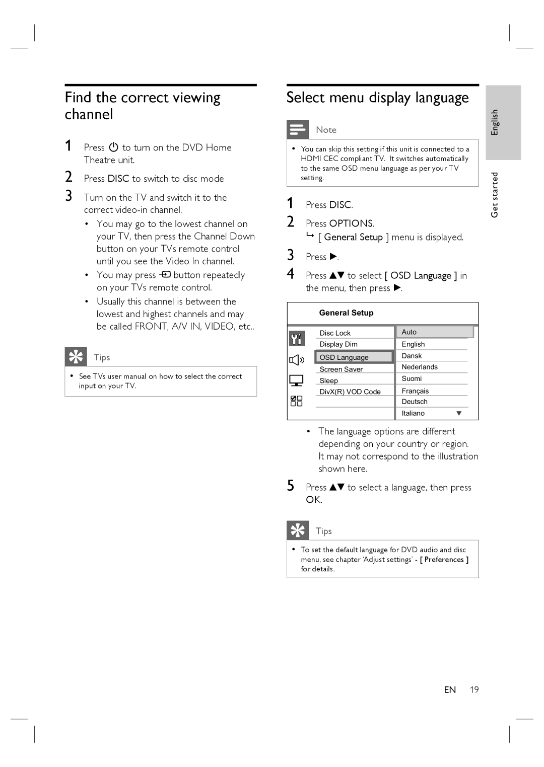 Philips HTS4600/12 manual Find the correct viewing channel, Select menu display language 