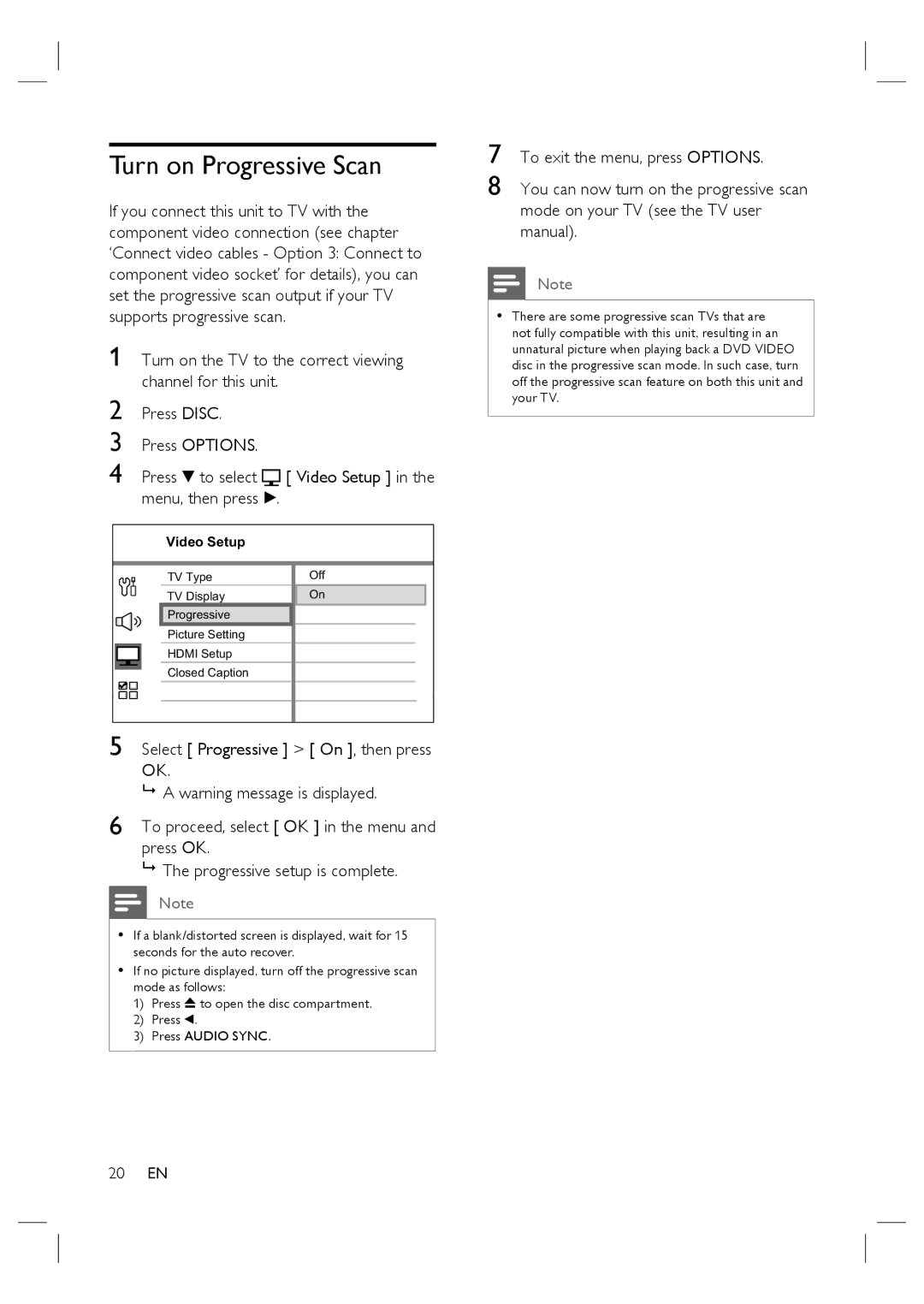 Philips HTS4600/12 manual Turn on Progressive Scan 