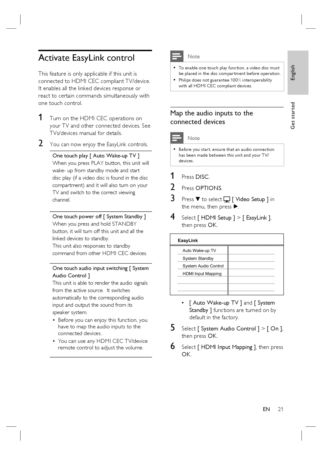 Philips HTS4600/12 manual Activate EasyLink control, Map the audio inputs to, Connected devices 