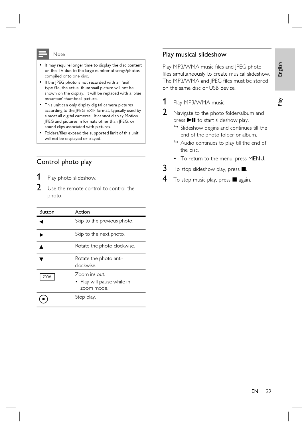 Philips HTS4600/12 manual Control photo play, Play musical slideshow, Use the remote control to control the photo 