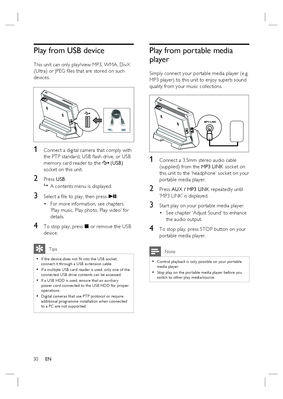 Philips HTS4600/12 manual Play from USB device, Play from portable media player 