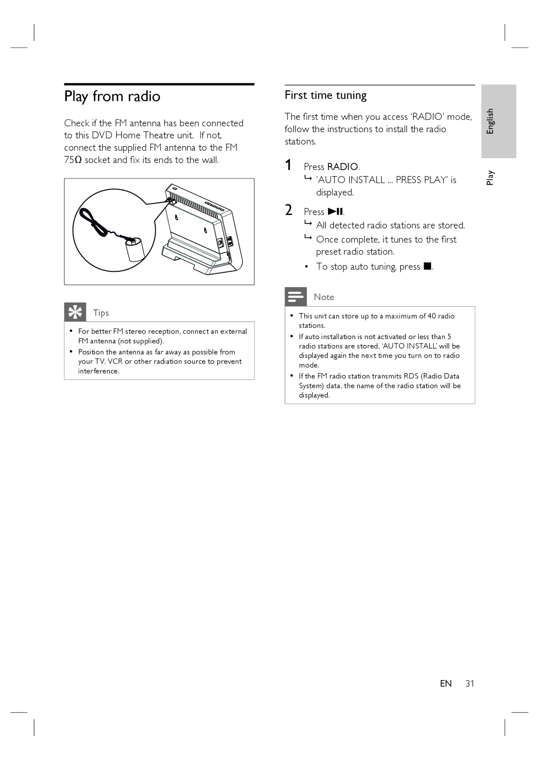 Philips HTS4600/12 manual Play from radio, First time tuning 