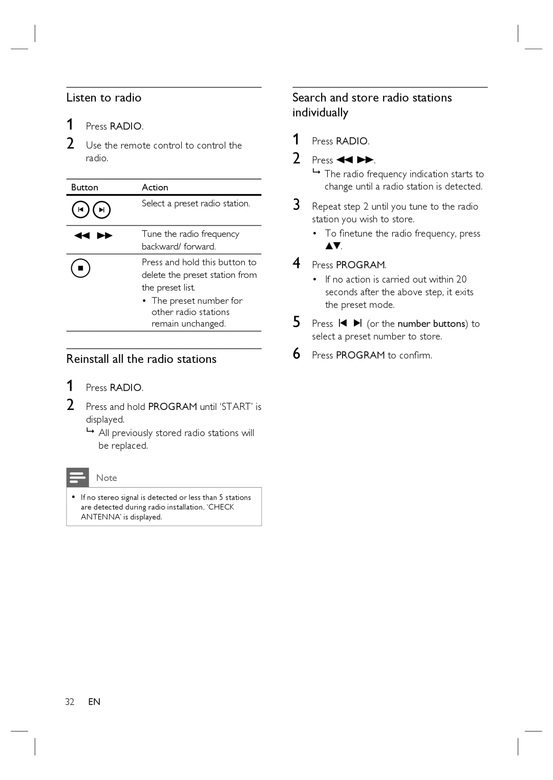 Philips HTS4600/12 manual Listen to radio, Reinstall all the radio stations, Search and store radio stations individually 