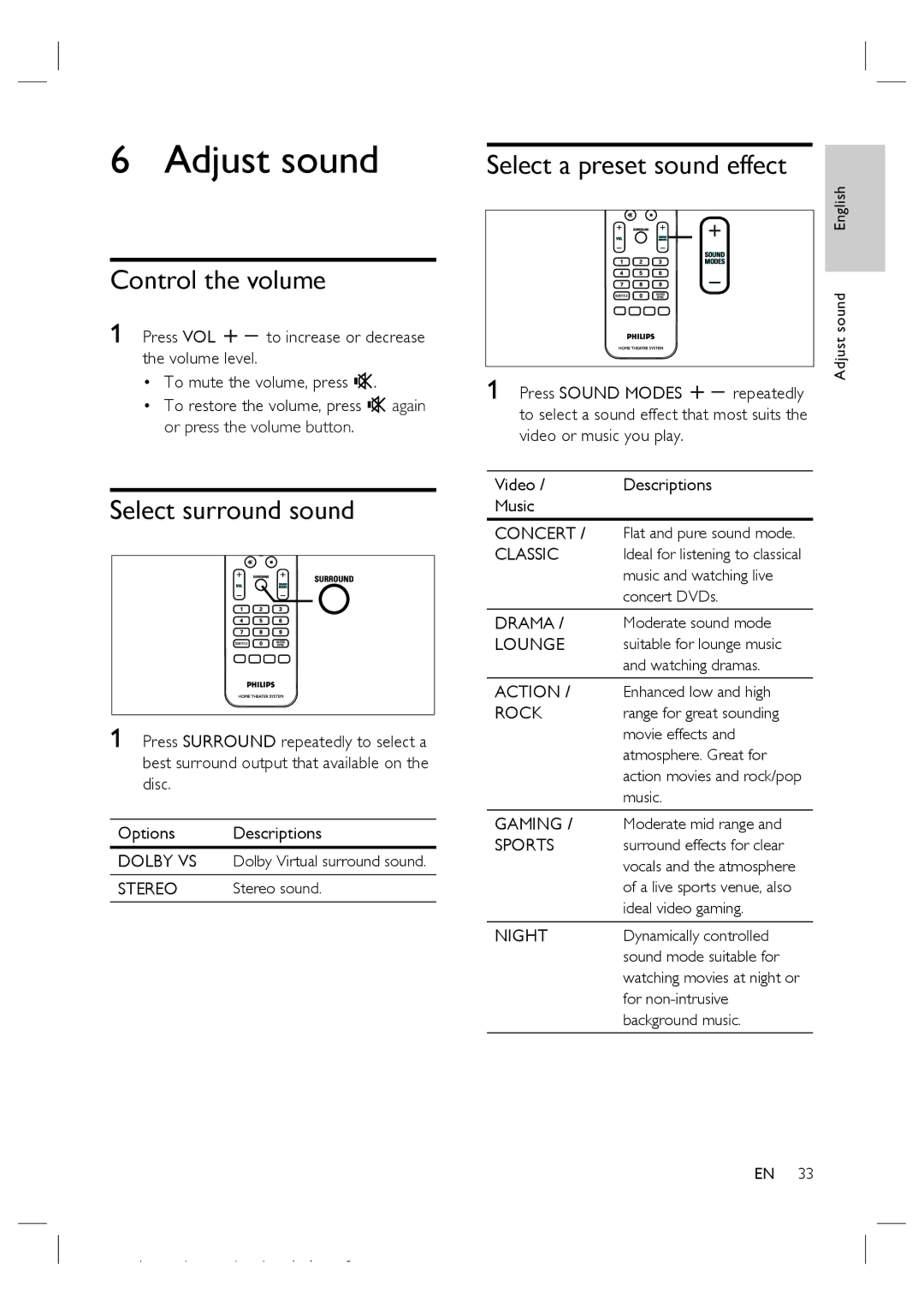 Philips HTS4600/12 manual Adjust sound, Control the volume, Select surround sound, Select a preset sound effect 