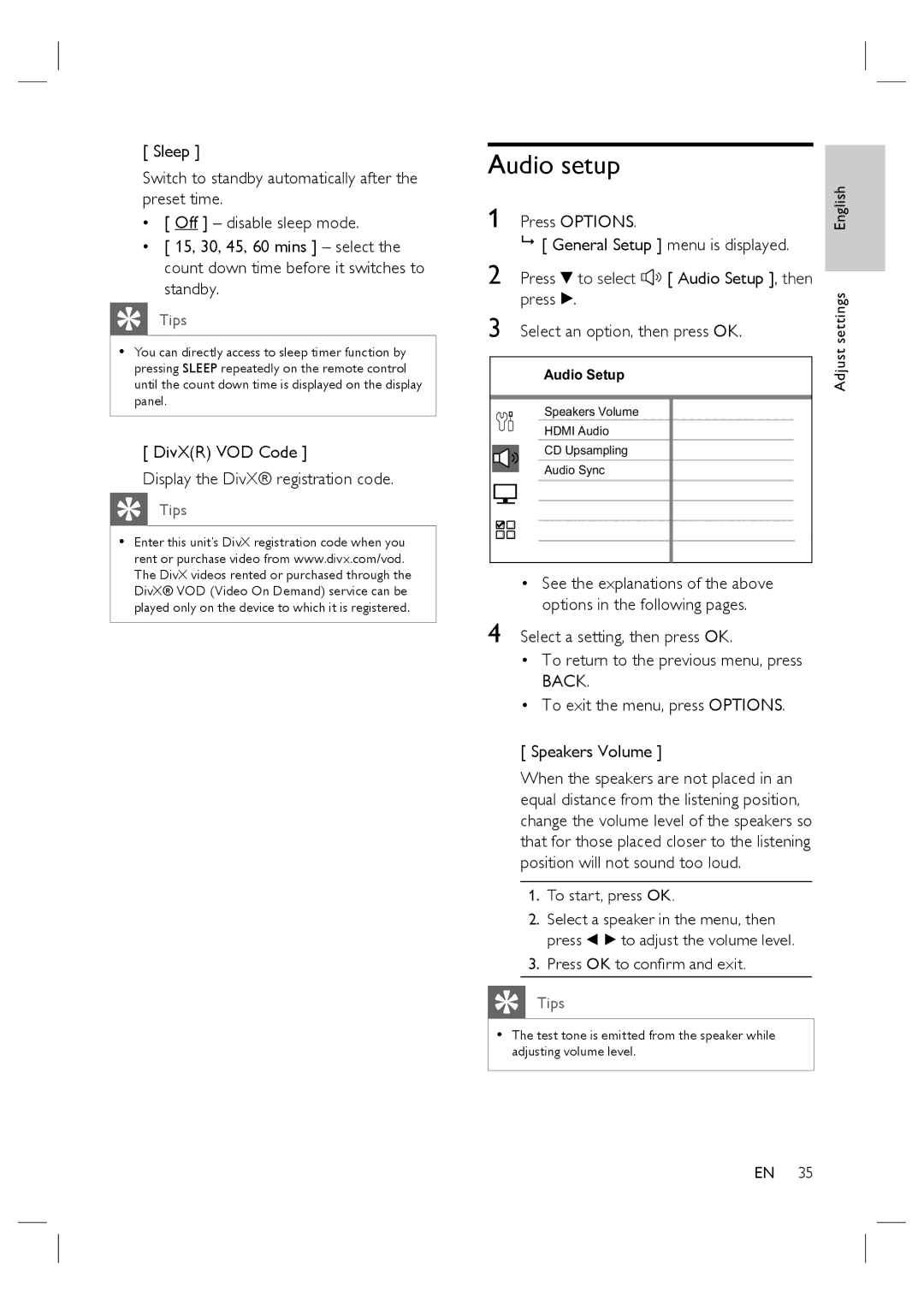 Philips HTS4600/12 manual Audio setup, DivXR VOD Code Display the DivX registration code 