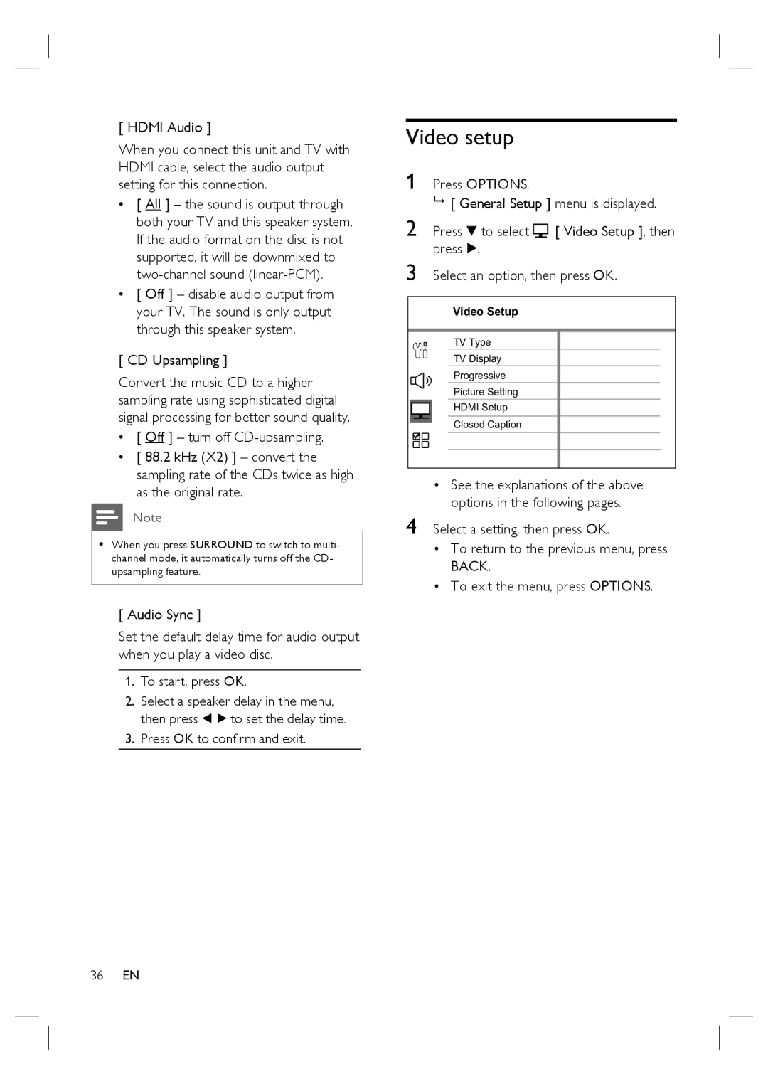 Philips HTS4600/12 manual Video setup, CD Upsampling 