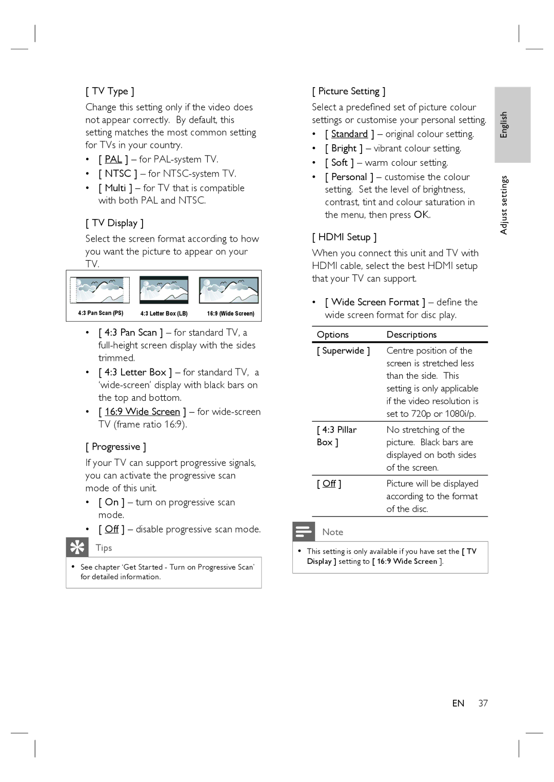 Philips HTS4600/12 manual TV Type, PAL for PAL-system TV Ntsc for NTSC-system TV, Picture Setting, Hdmi Setup 