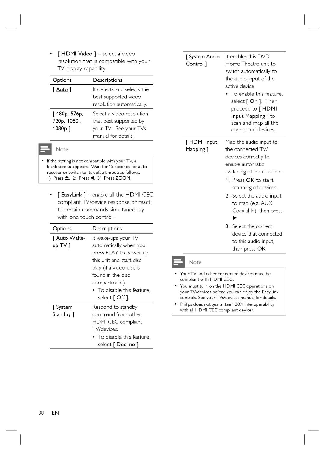 Philips HTS4600/12 manual Options Descriptions Auto 