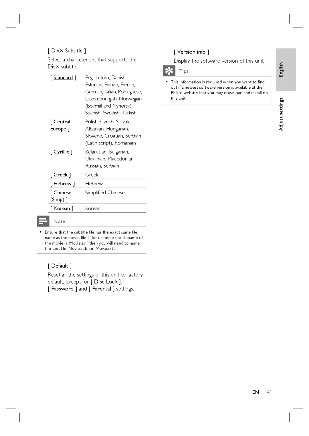 Philips HTS4600/12 manual Default 