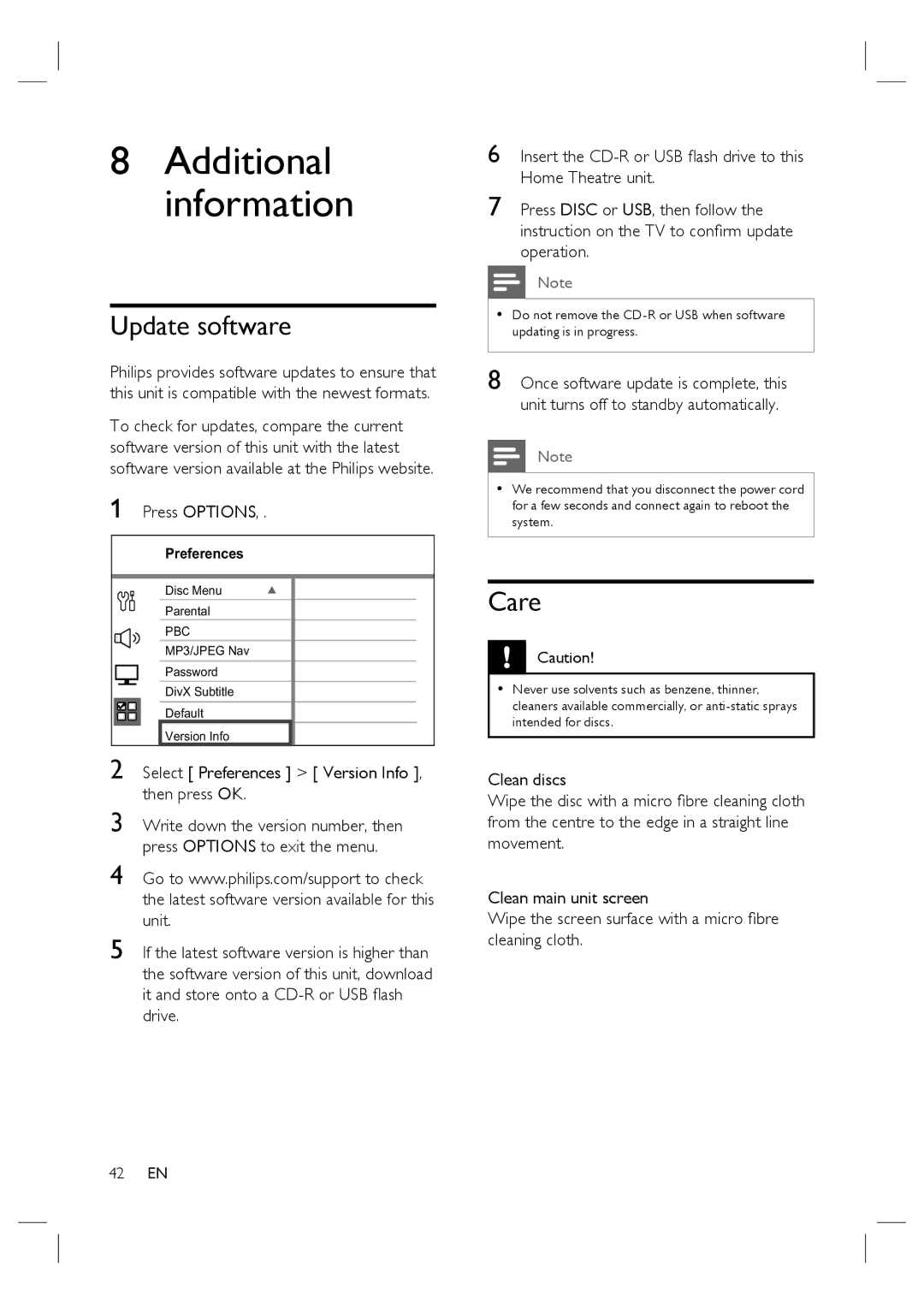 Philips HTS4600/12 manual Additional information, Update software, Care 