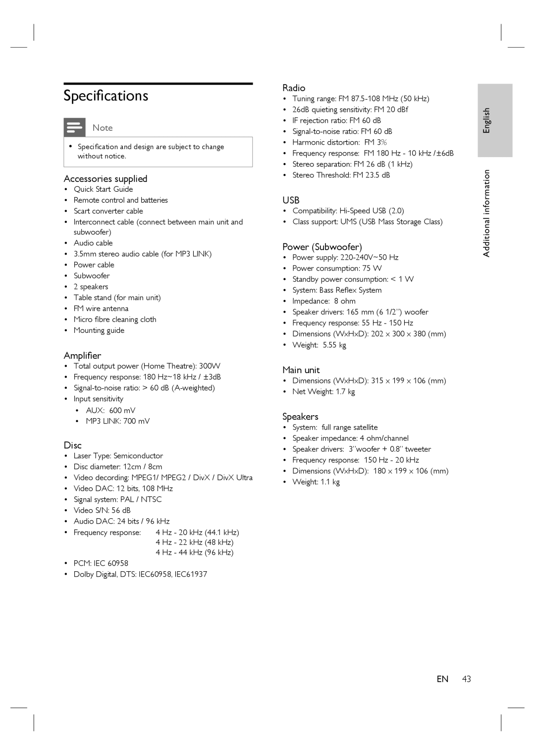 Philips HTS4600/12 manual Speciﬁcations 