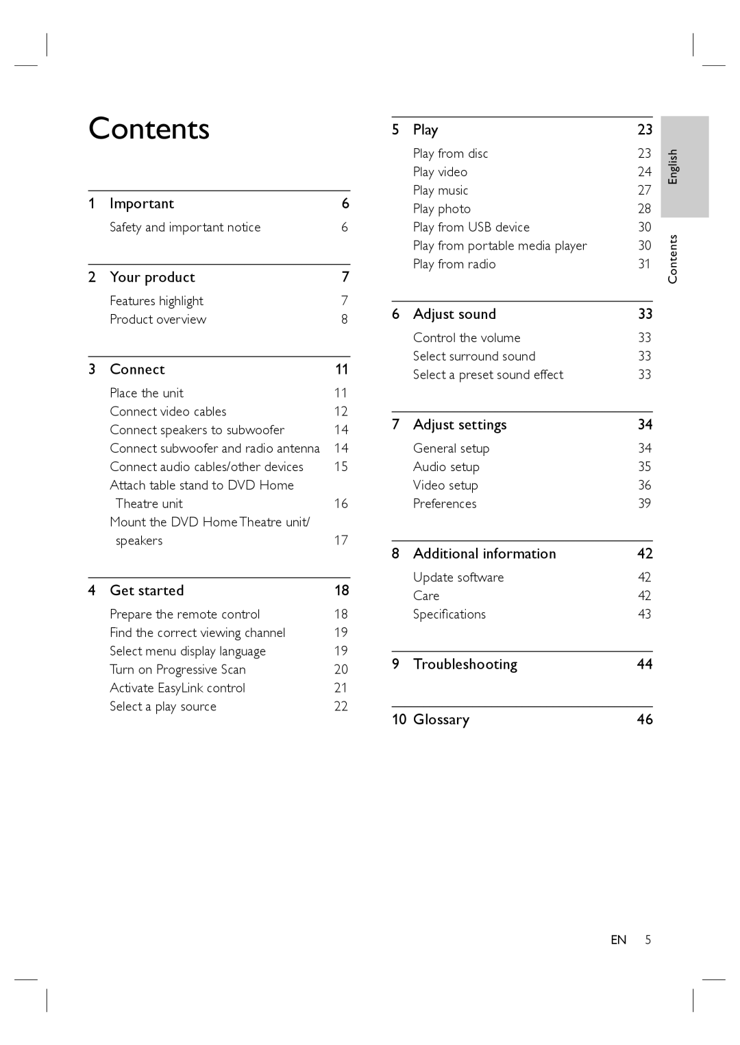 Philips HTS4600/12 manual Contents 